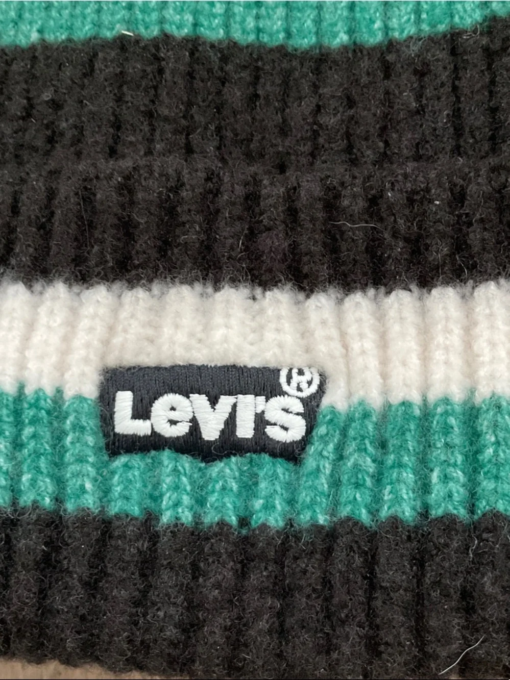 Levi's Striped Ribbed Beanie in Black, White & Teal